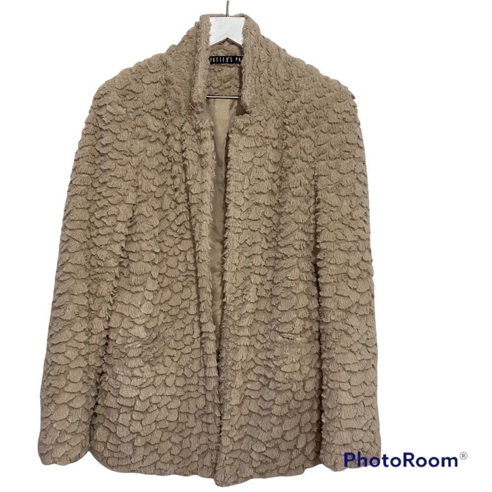 Potter’s Pot Fuzzy Faux Fur Jacket size Large Open Cardigan Boho Glam